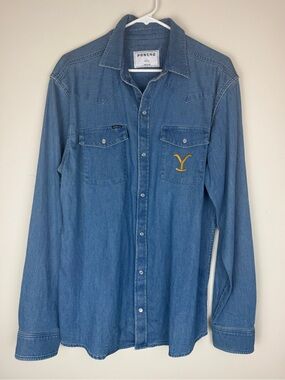 PONCHO Slim Fit Denim Pearl Snap Western Yellowstone Dutton Ranch Shirt Large
